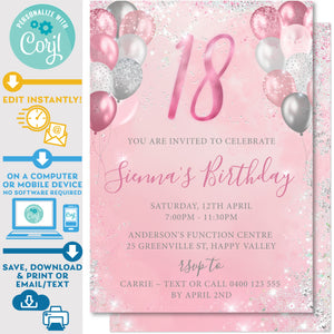 PRINTABLE 5" x 7" 18th Pink and Silver Glitter Balloons Invitation